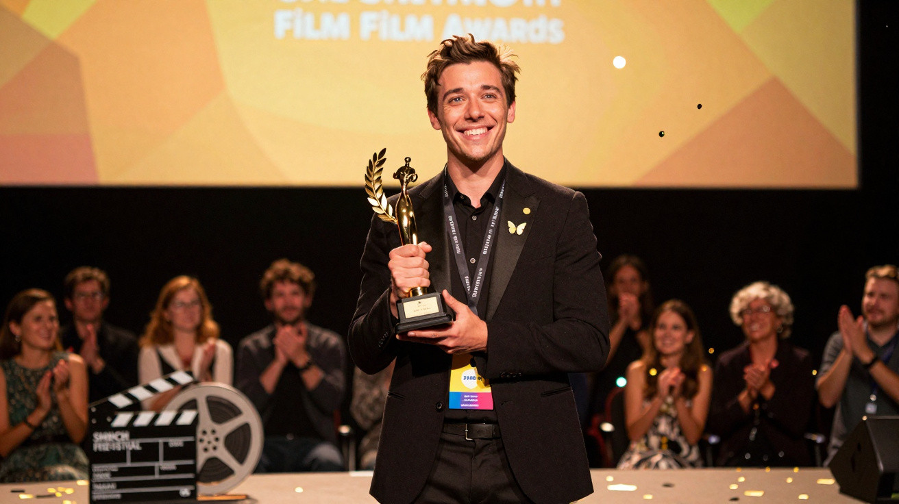 Homem sorridente segurando troféu num palco, com público a aplaudir ao fundo, em cerimónia de prémios.