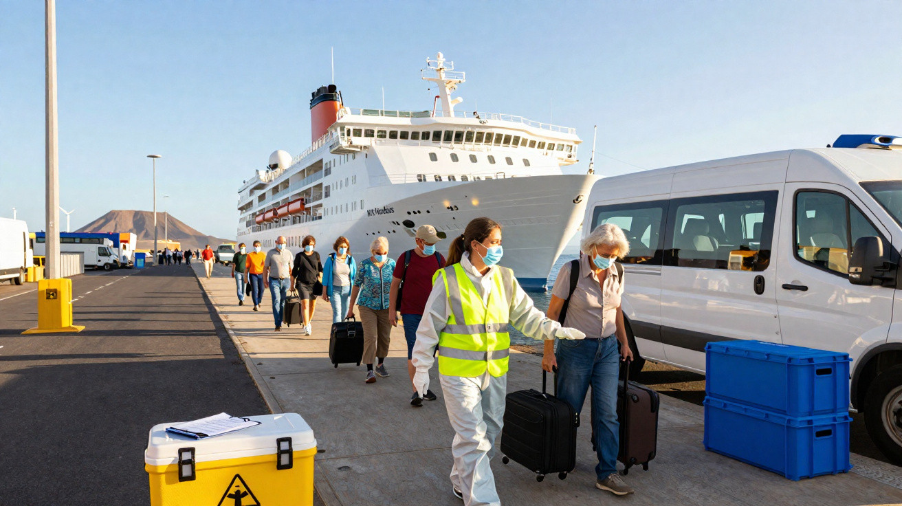 Pessoas com máscaras a desembarcar de um navio de cruzeiro num cais, acompanhadas por profissional de segurança.
