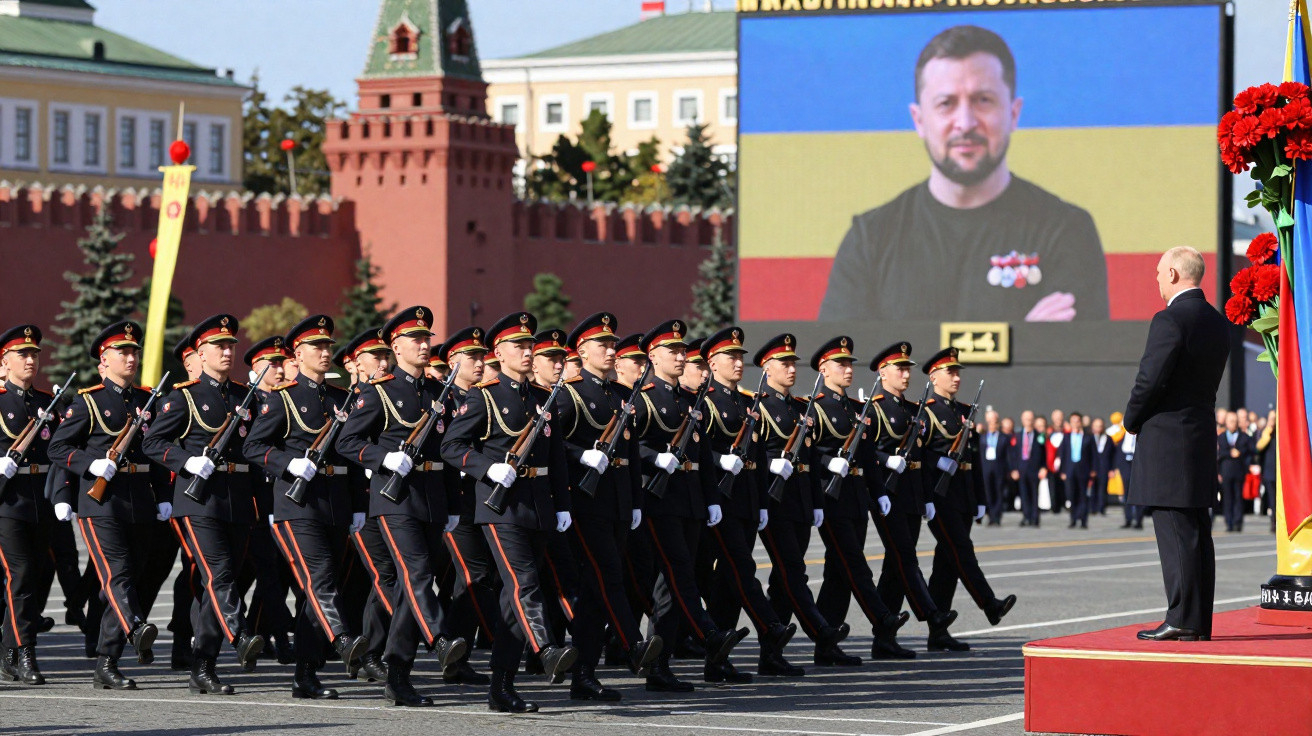 Desfile militar com soldados russos em formação, homem observando e ecrã gigante com imagem de Zelensky.