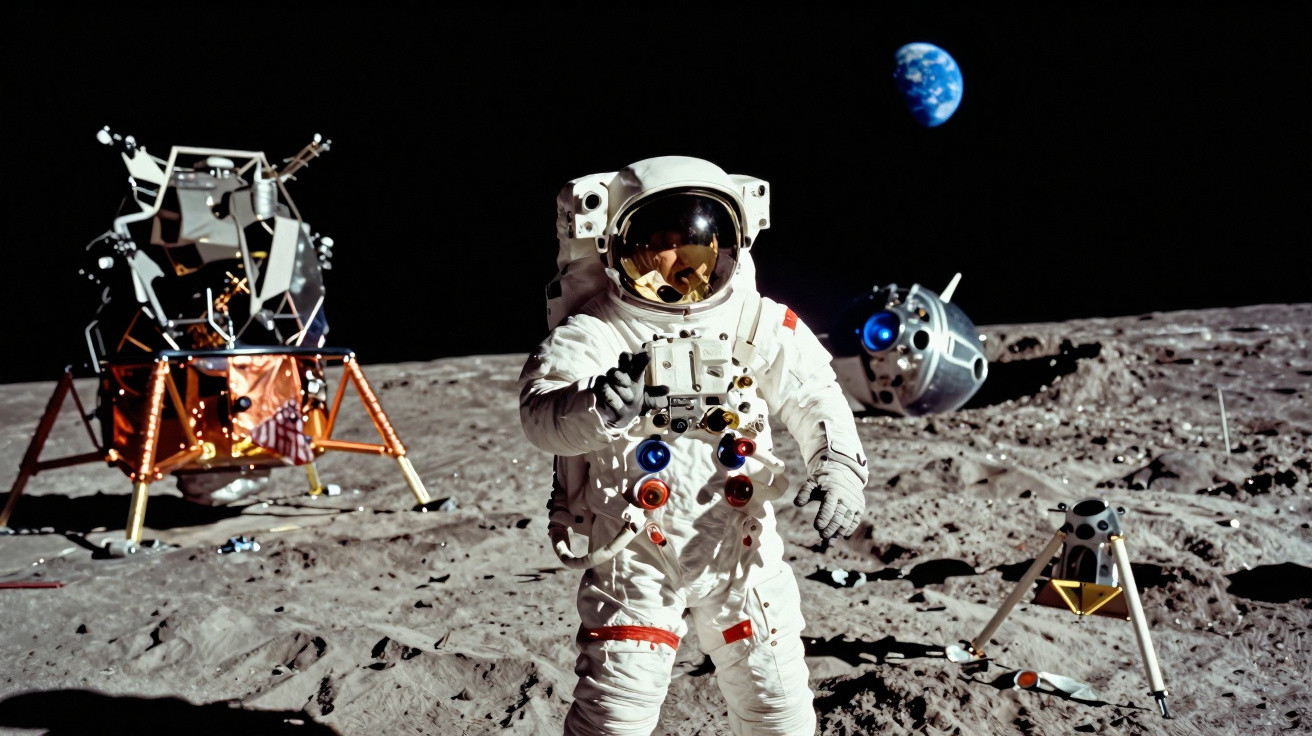 Astronauta em fato espacial na superfície lunar com módulos lunares e a Terra ao fundo.