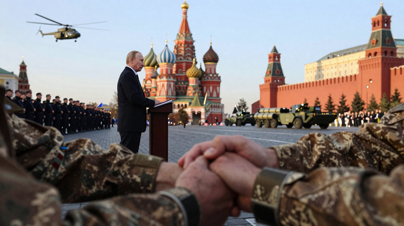 Imagem de Vladimir Putin em discurso frente à catedral de São Basílio, com soldados e equipamento militar na praça Vermelha.