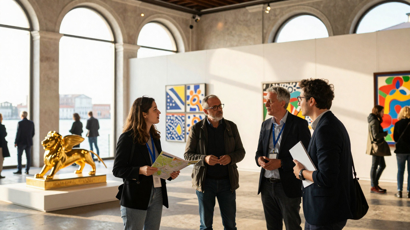 Pessoas a conversar numa exposição de arte com esculturas e pinturas coloridas numa sala com grandes janelas arqueadas.