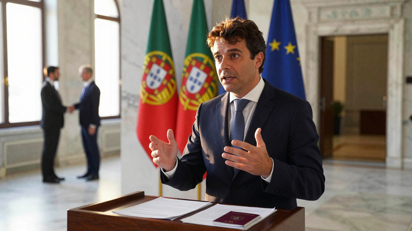Homem de fato falando num pódio com bandeiras de Portugal e da União Europeia ao fundo.