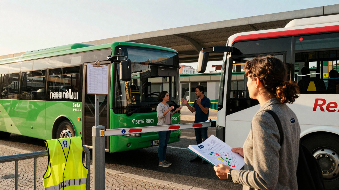Mulher com documentos observa paragem com autocarros verdes e pessoas a conversar num terminal rodoviário.