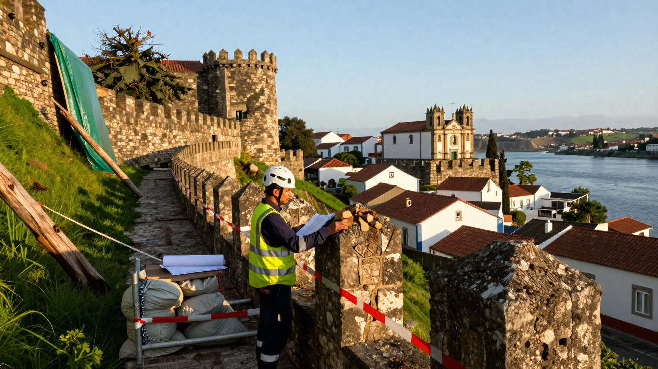 Homem com colete e capacete verifica estrutura de muralha histórica em vila próxima ao rio ao pôr do sol.