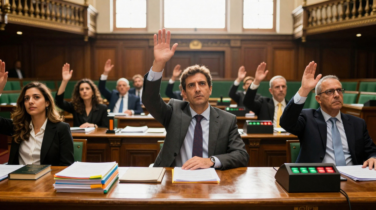 Pessoas em sessão formal levantam a mão para votar numa sala de tribunal ou assembleia.