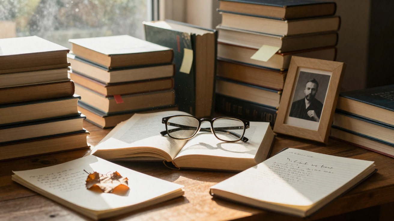 Mesa de madeira com vários livros empilhados, óculos sobre livro aberto e fotografias antigas.
