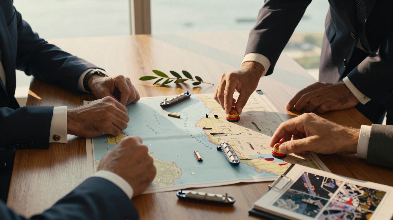 Três homens de fato a discutir estratégia naval com um mapa e miniaturas de barcos numa mesa de madeira.
