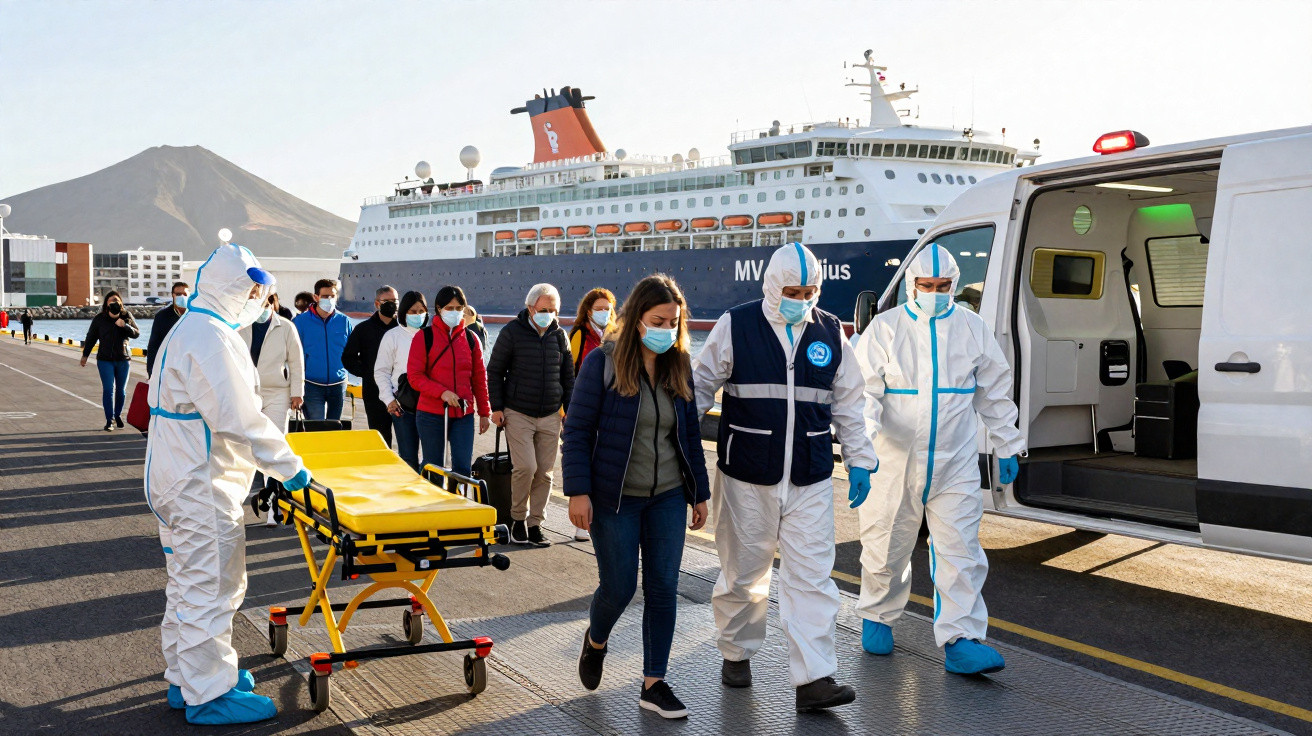 Pessoas de máscara a desembarcar de um navio, assistidas por profissionais com fatos de proteção branca junto a uma ambulânci