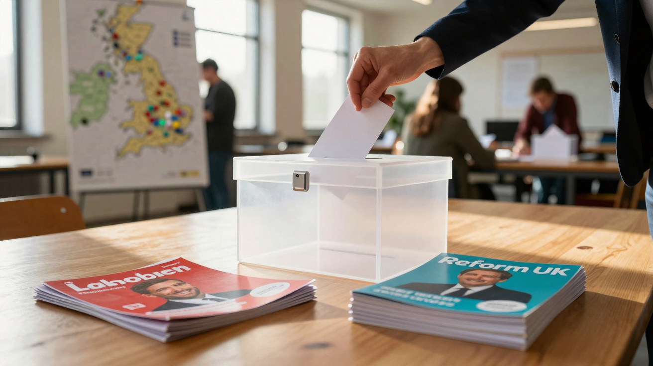 Pessoa a votar numa urna transparente numa mesa com panfletos eleitorais de dois partidos políticos.