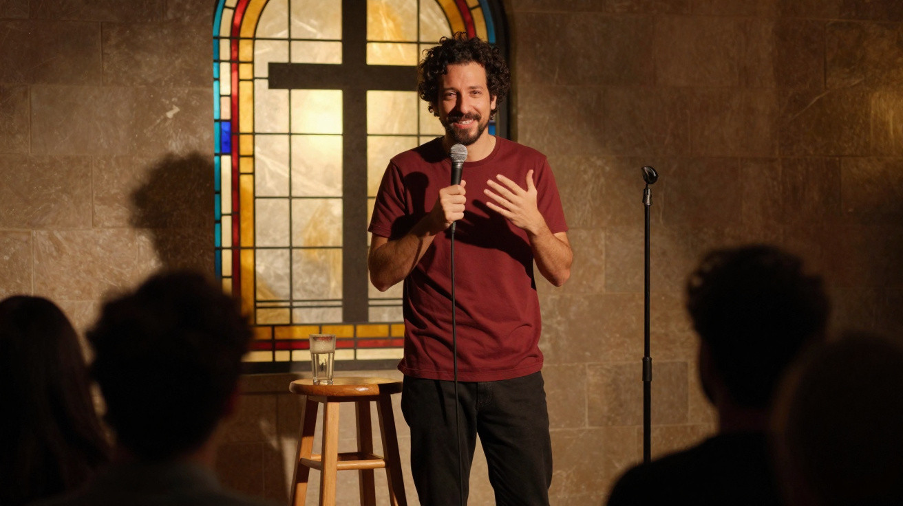 Homem faz stand-up comedy em palco com cruz iluminada ao fundo, público acompanha em silêncio.