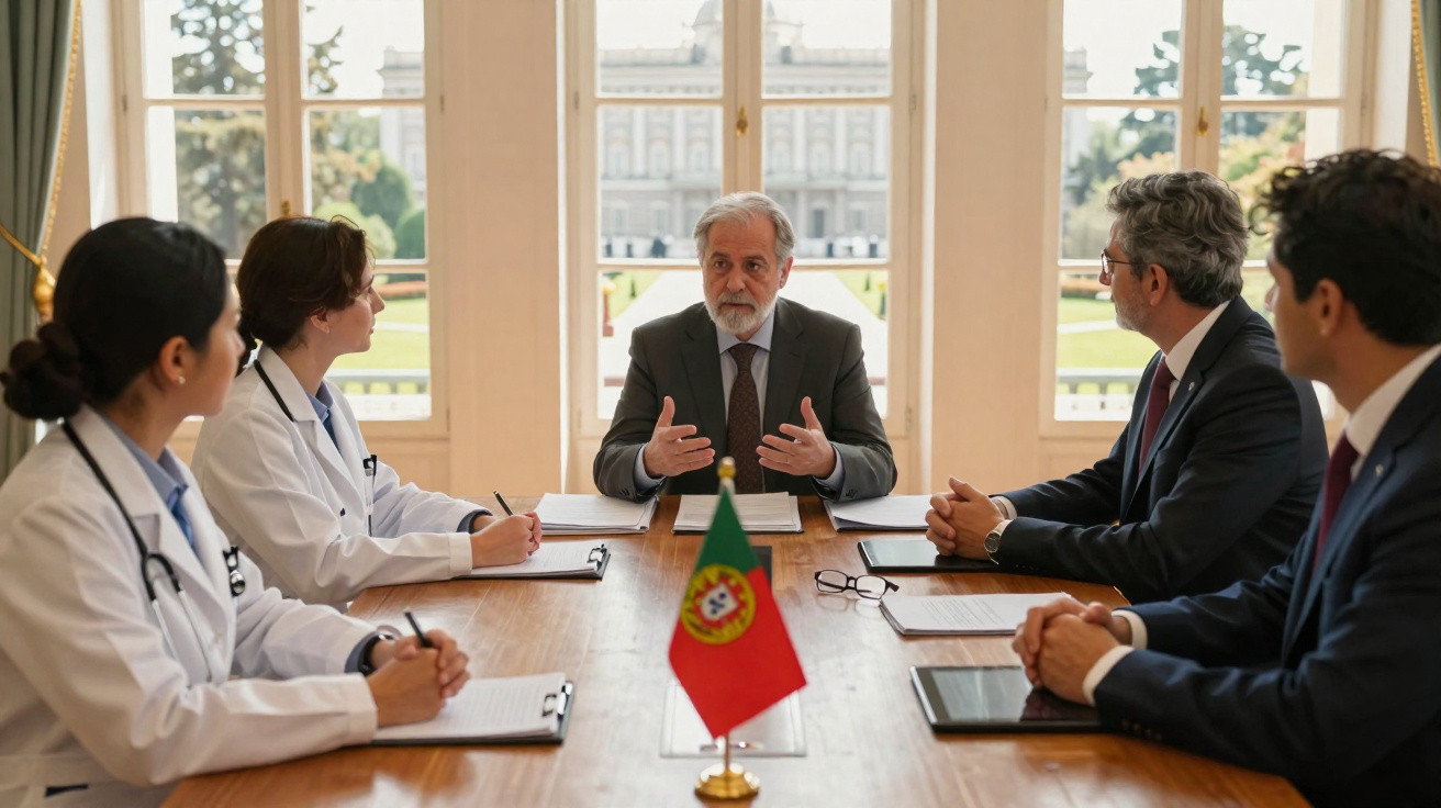 Reunião formal com cinco pessoas à mesa, incluindo dois médicos, com a bandeira de Portugal no centro.