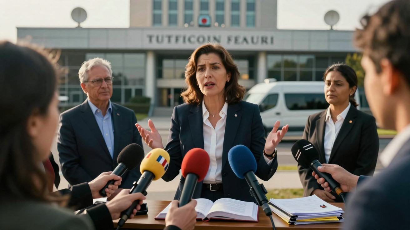 Mulher política a discursar numa conferência de imprensa ao ar livre com microfones e jornalistas à frente.