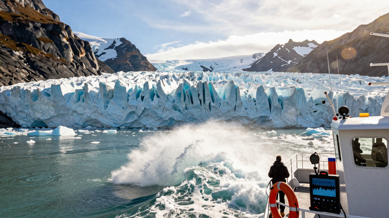 Glaciar com geleiras azuis junto a águas agitadas, visto a partir de um barco com pessoas a observar.
