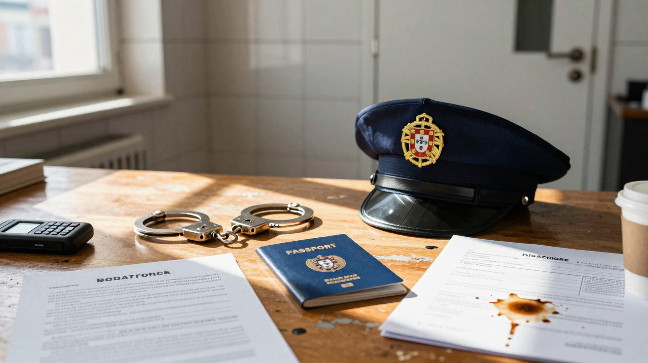 Mesa com documentos, algemas, um passaporte, um rádio e um boné de polícia.