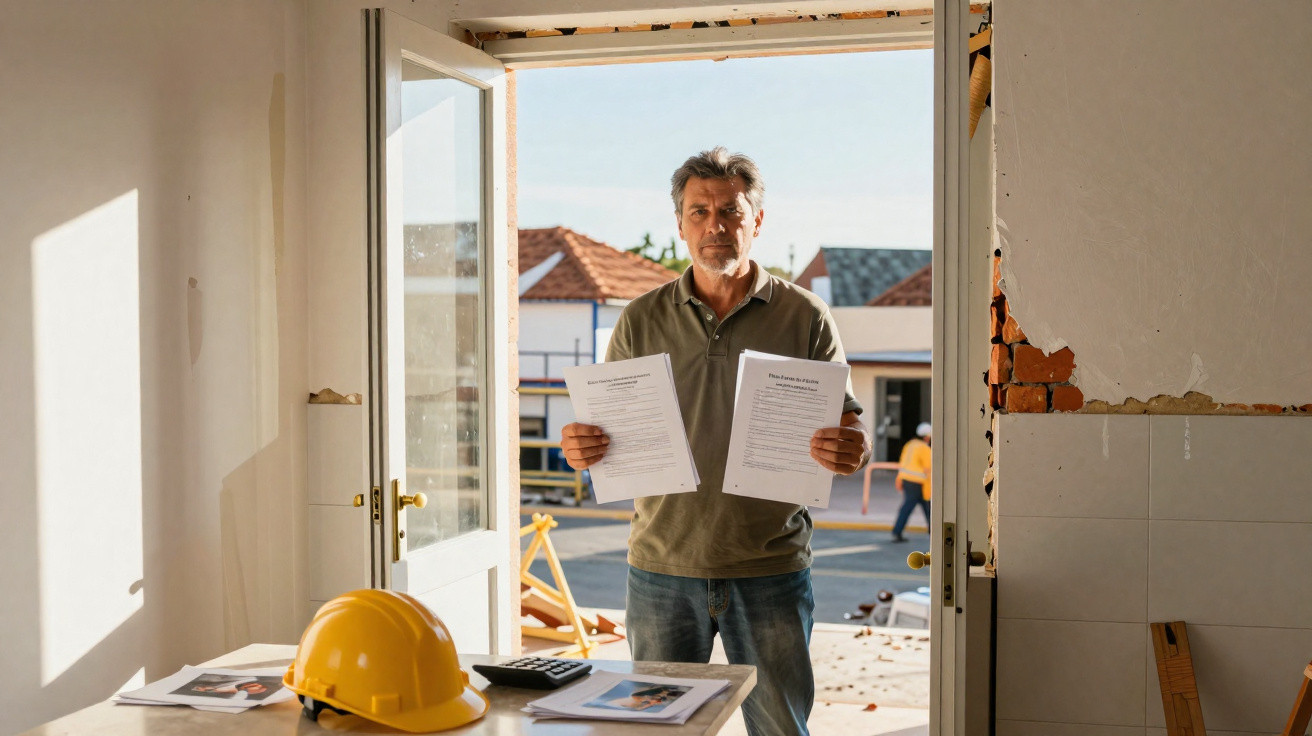 Homem em construção segura dois documentos, com capacete amarelo e mesa ao lado num espaço em obra.