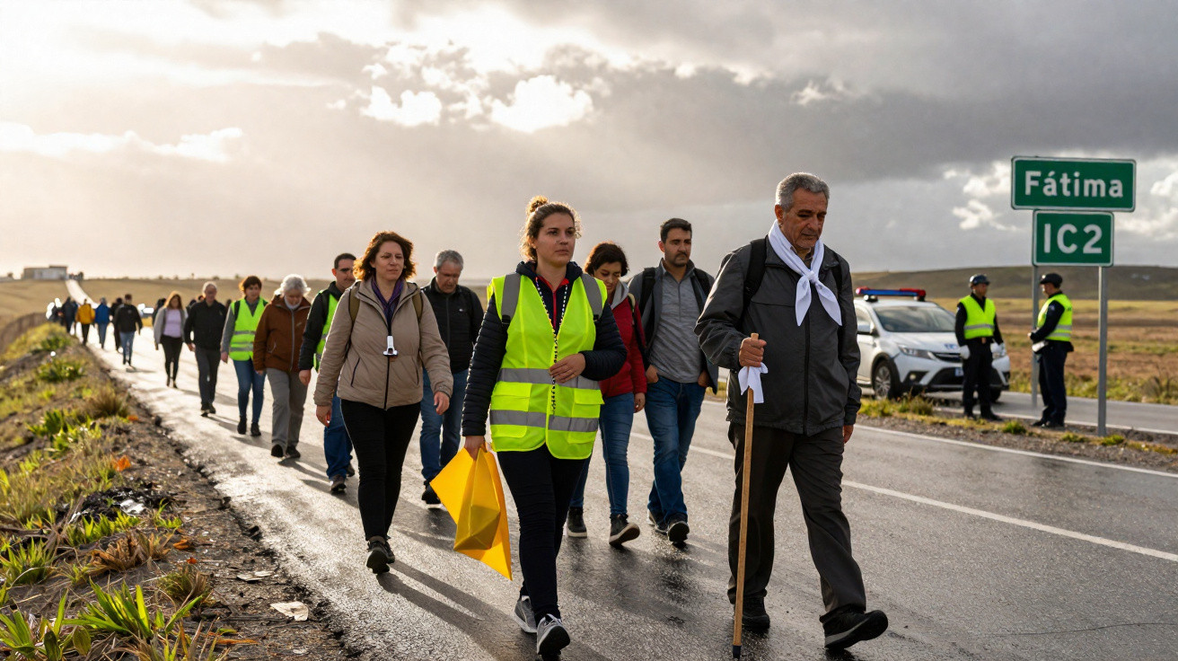 Grupo de peregrinos a caminhar junto à estrada sob céu nublado, com sinal de Fátima ao lado.