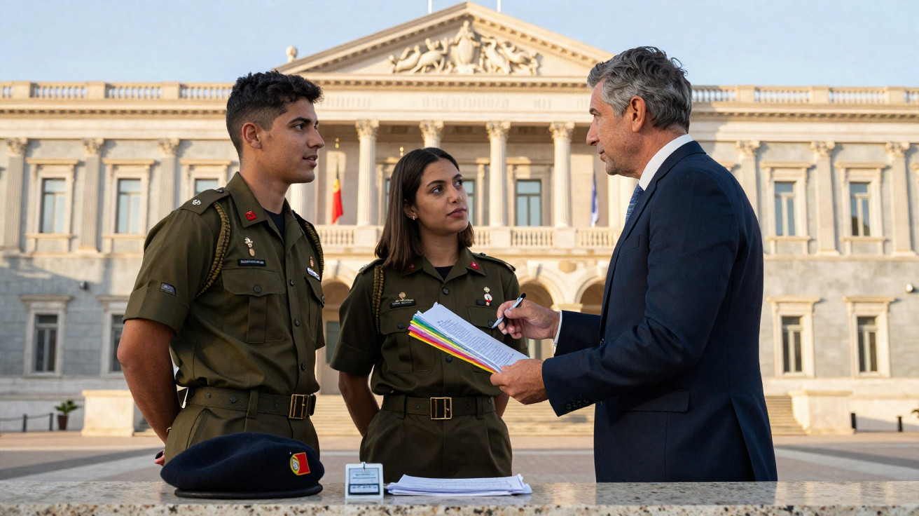 Dois militares em uniforme conversam com um homem de fato junto a um edifício histórico.