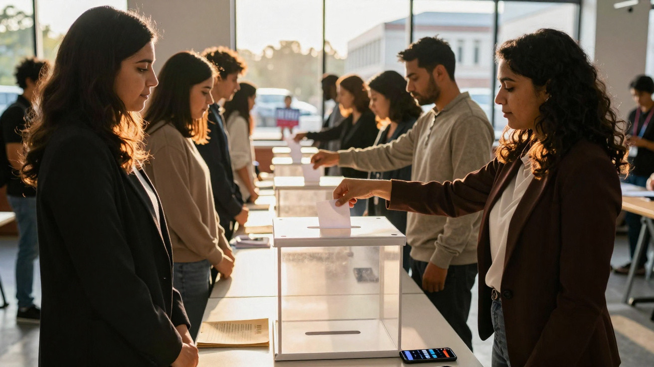 Pessoas a votar numa fila, depositando boletins em urnas transparentes numa sala iluminada pelo sol.