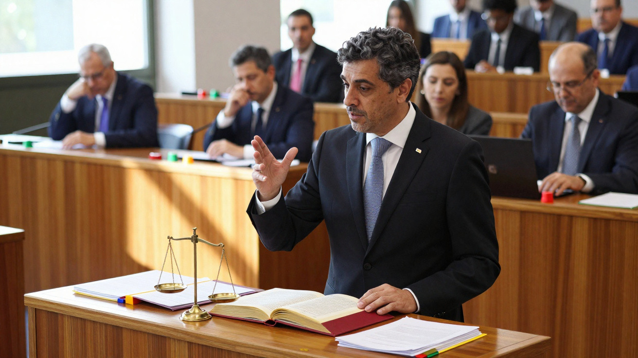 Homem vestido formalmente fala em tribunal com livro aberto e balança dourada sobre a mesa à sua frente.
