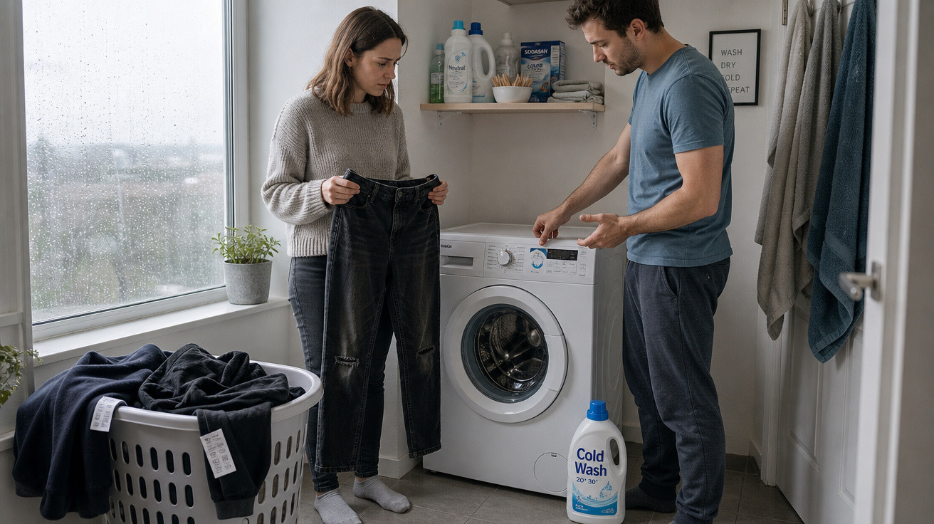 Casal na lavandaria a preparar roupa para lavar na máquina.