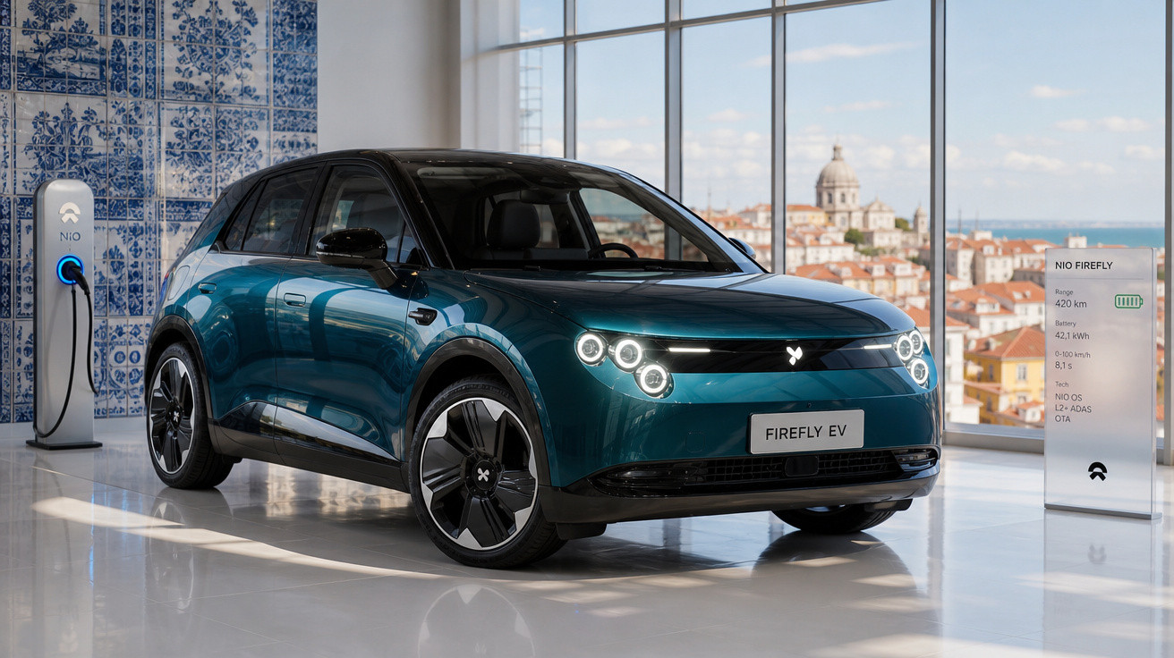 Carro elétrico NIO Firefly estacionado em interior moderno com azulejos tradicionais e vista da cidade.
