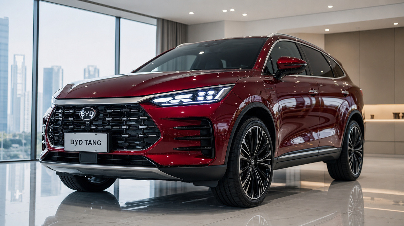 Carro SUV BYD Tang vermelho brilhante em exposição, com jantes pretas e detalhes modernos, em ambiente interior.