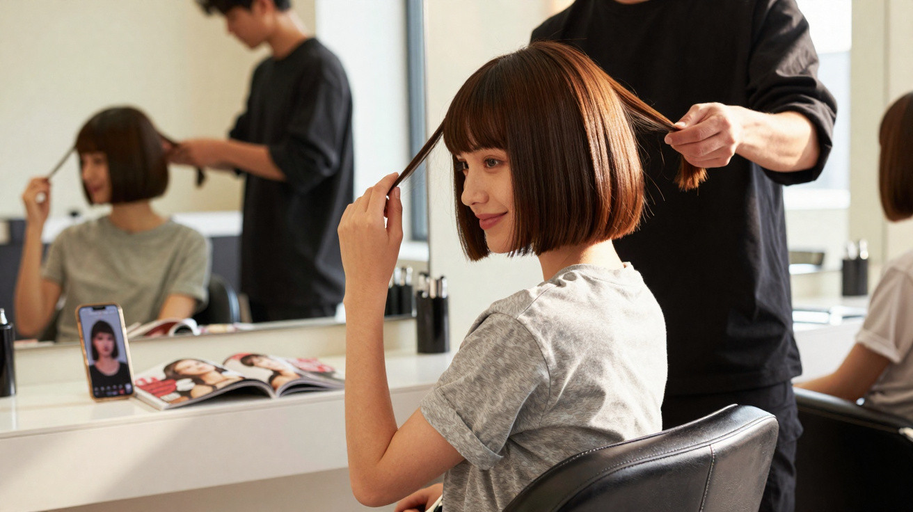 Mulher com cabelo curto castanho a ser penteada num salão de cabeleireiro com espelho e telemóvel à frente.