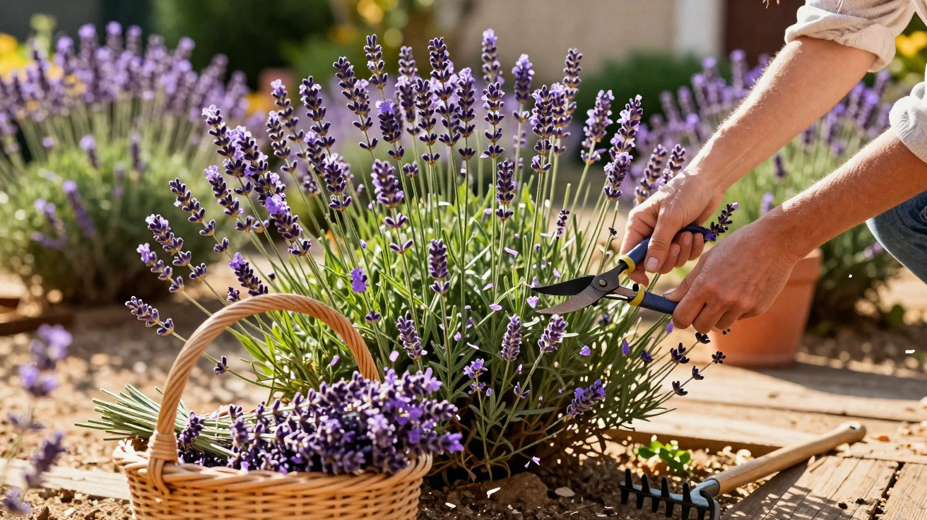 Pessoa a cortar flores de lavanda num jardim com uma cesta cheia de flores colhidas.