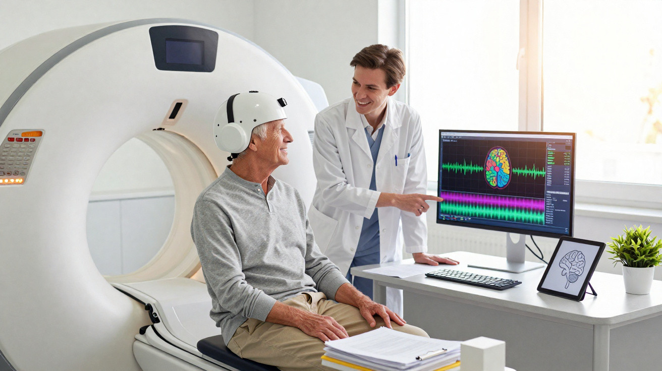 Médico explica exames cerebrais a paciente sénior com capacete de EEG numa clínica de diagnóstico por imagem.