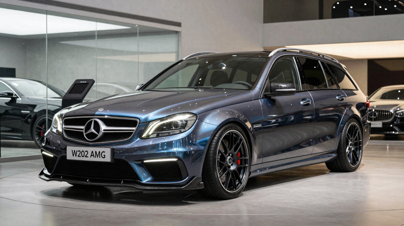Carro Mercedes-Benz AMG W202 azul metálico, estacionado em showroom moderno com piso cinza.