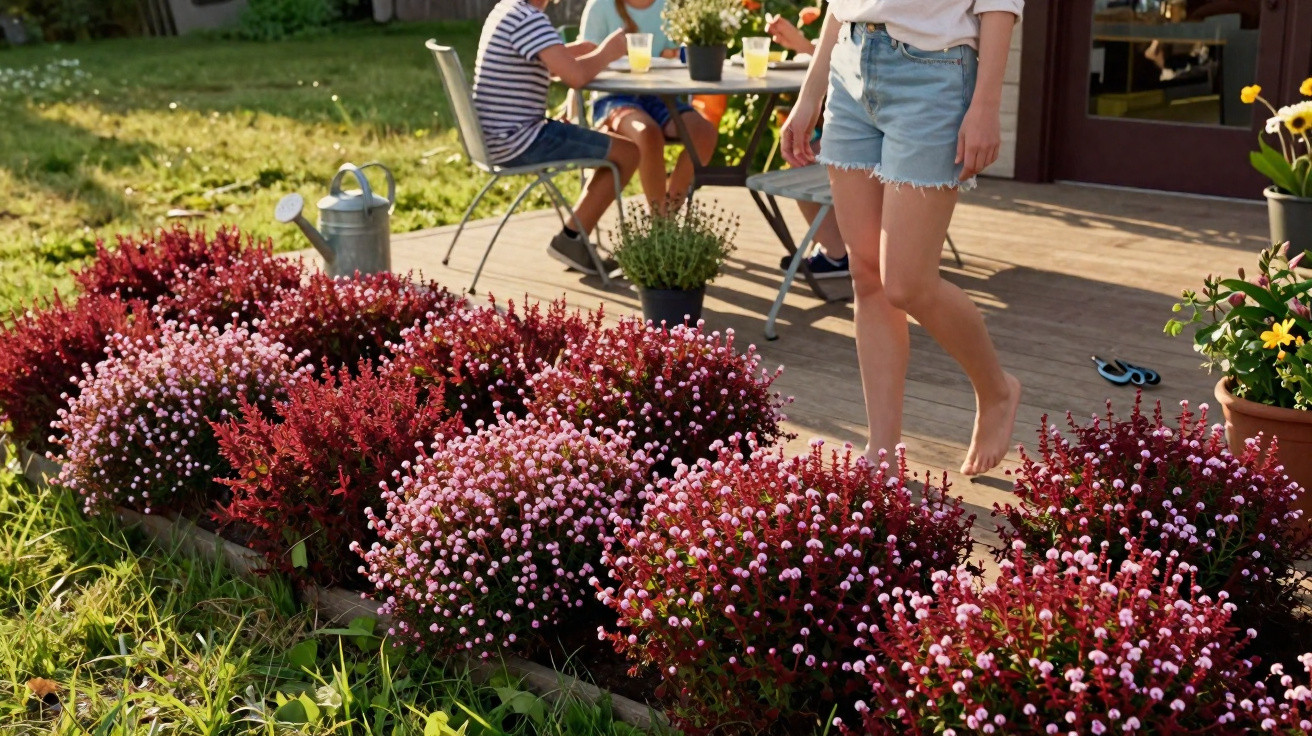 Jardim com flores rosadas e vermelhas e pessoas a conviver numa esplanada ao fundo.