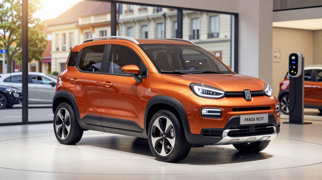 Carro Fiat Panda Next laranja estacionado numa exposição moderna com carregador elétrico ao fundo.