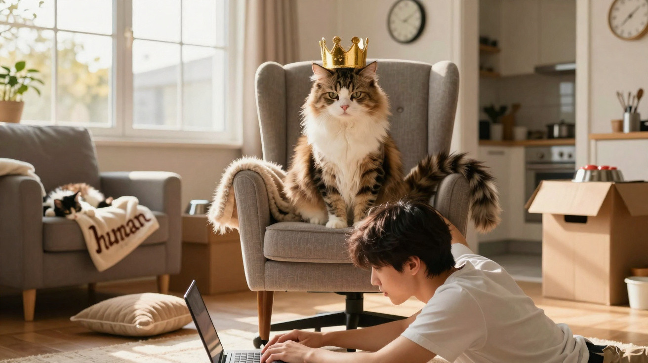Gato com coroa sentado numa poltrona, enquanto pessoa deitada no chão usa um portátil numa sala iluminada.
