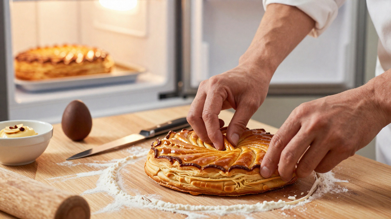 Mãos decoram uma tarte dourada sobre mesa de madeira com farinha, ao lado de faca, ovo e mais tarte no forno.