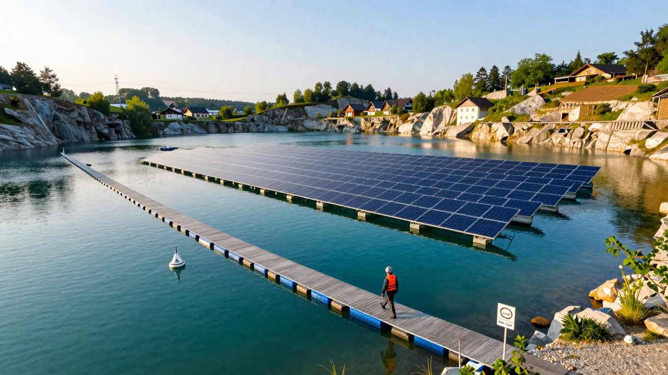Painéis solares flutuantes num lago rodeado de rochas e casas, com pessoa a caminhar numa passadeira de madeira.