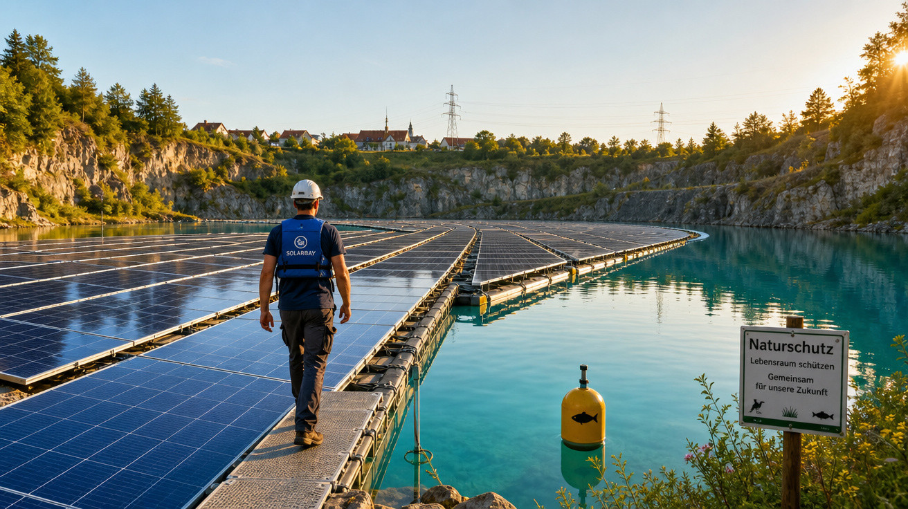 Homem com capacete e colete num passadiço ao lado de painéis solares flutuantes numa lagoa ao pôr do sol.