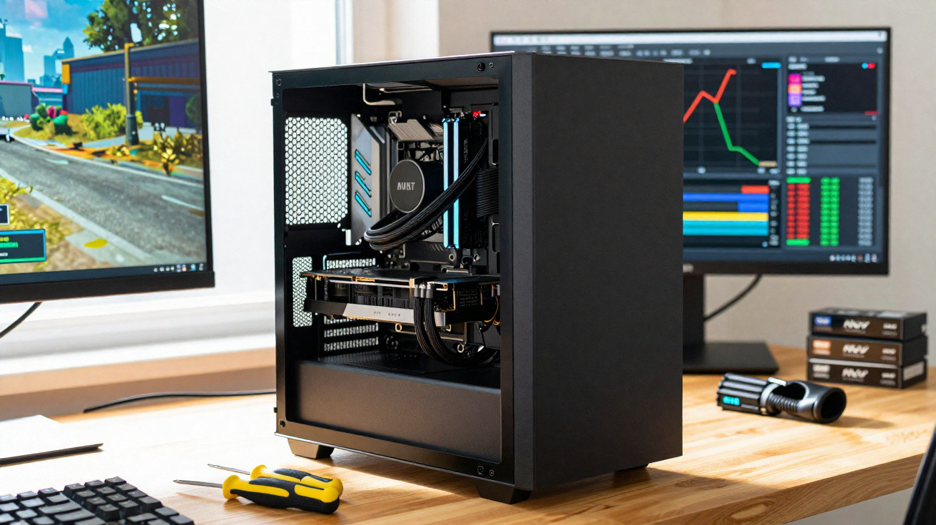 Computador de secretária aberto com componentes visíveis entre dois monitores e ferramentas numa mesa de madeira.