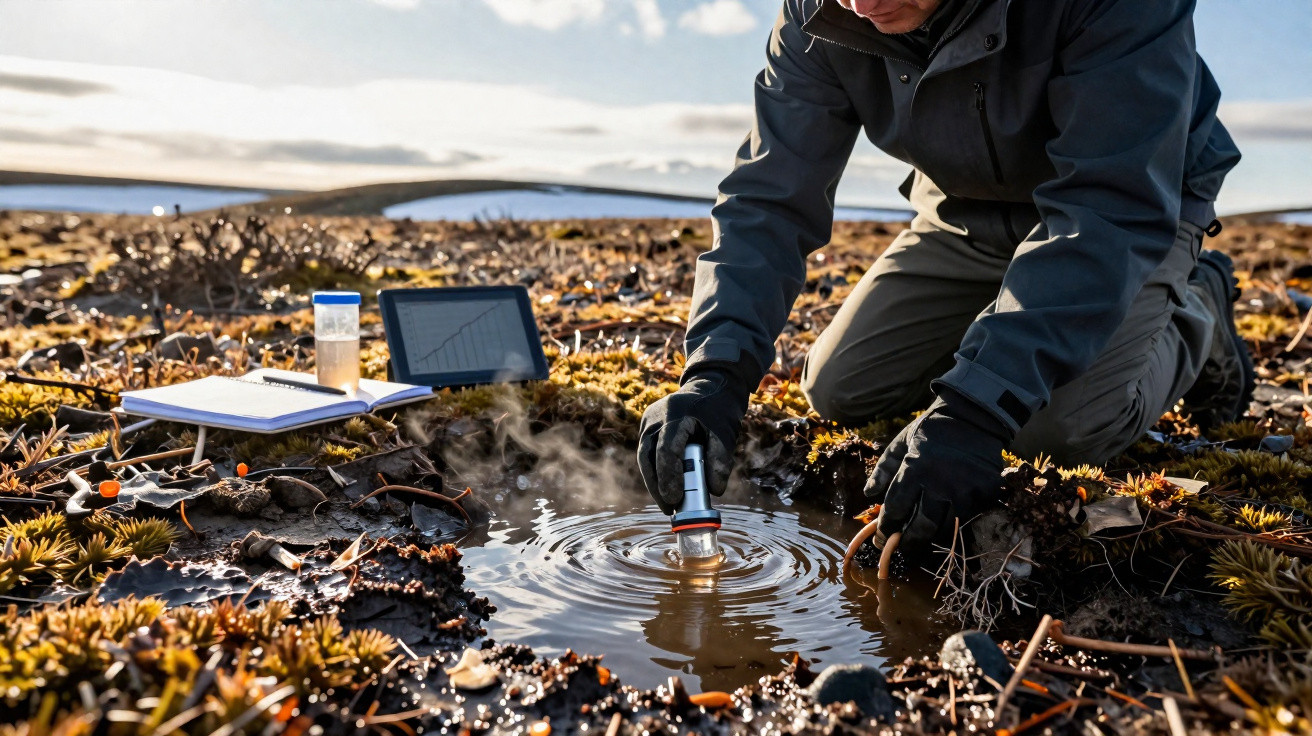 Investigador em roupa térmica recolhe amostra de água de charco na natureza com equipamentos científicos ao lado.