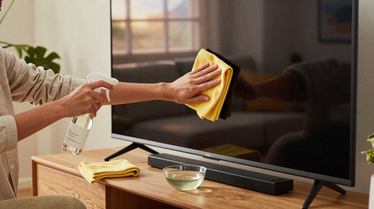 Pessoa a limpar e desinfetar ecrã de televisão com pano amarelo num ambiente doméstico.
