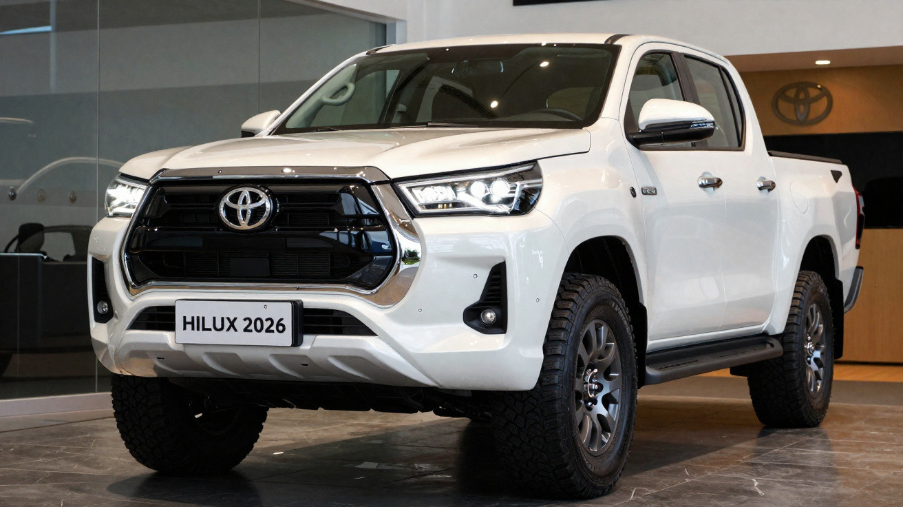 Picape Toyota Hilux 2026 branca exibida em showroom com faróis acesos.