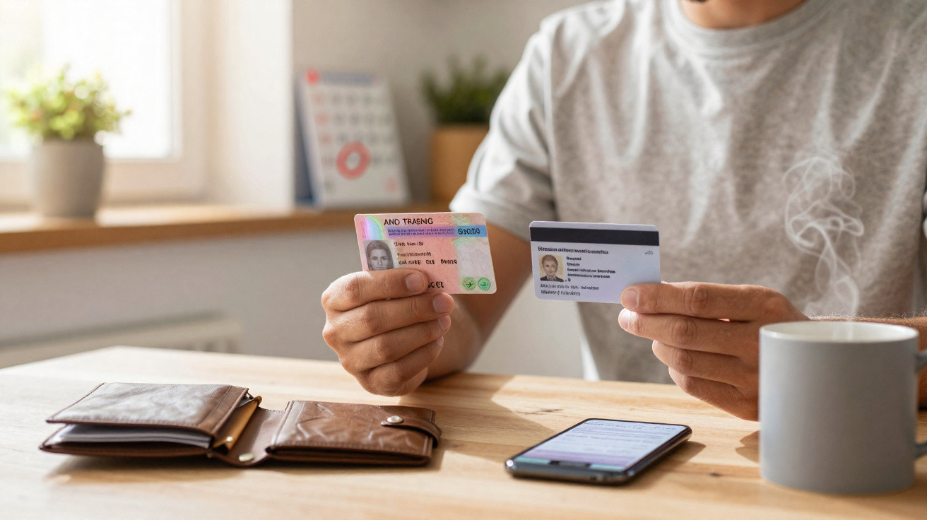 Pessoa a segurar cartão de identificação e carta de condução sentada à mesa com carteira, telemóvel e chá quente.