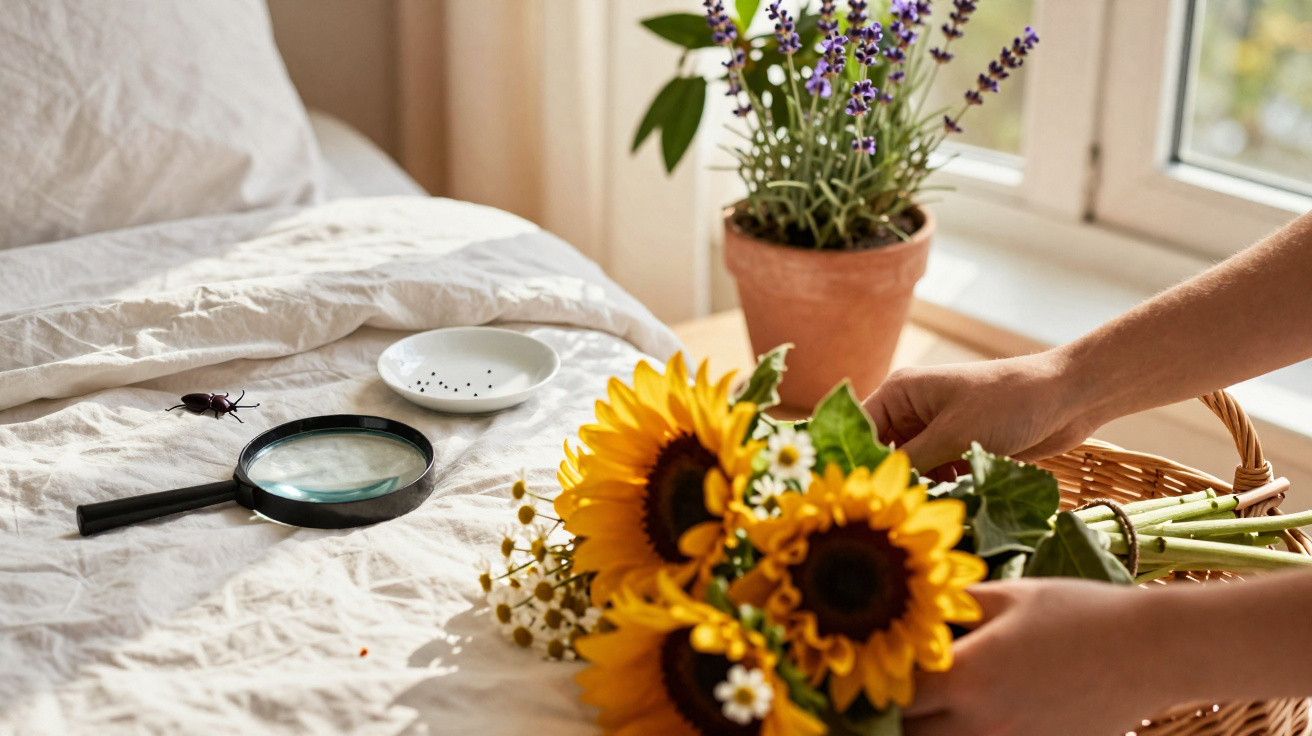 Mãos a arranjar flores num cesto junto a cama com lupa, besouro e vaso de plantas perto da janela.