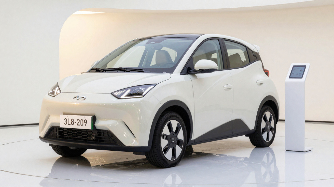 Carro elétrico compacto branco exposto em espaço moderno com painel digital ao lado.