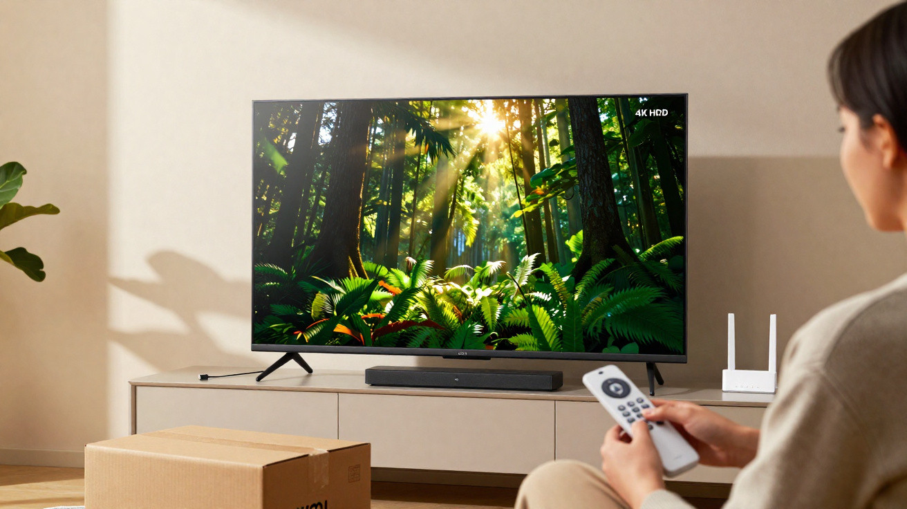 Pessoa a usar comando por voz para controlar televisão com imagem de floresta iluminada por raios de sol.