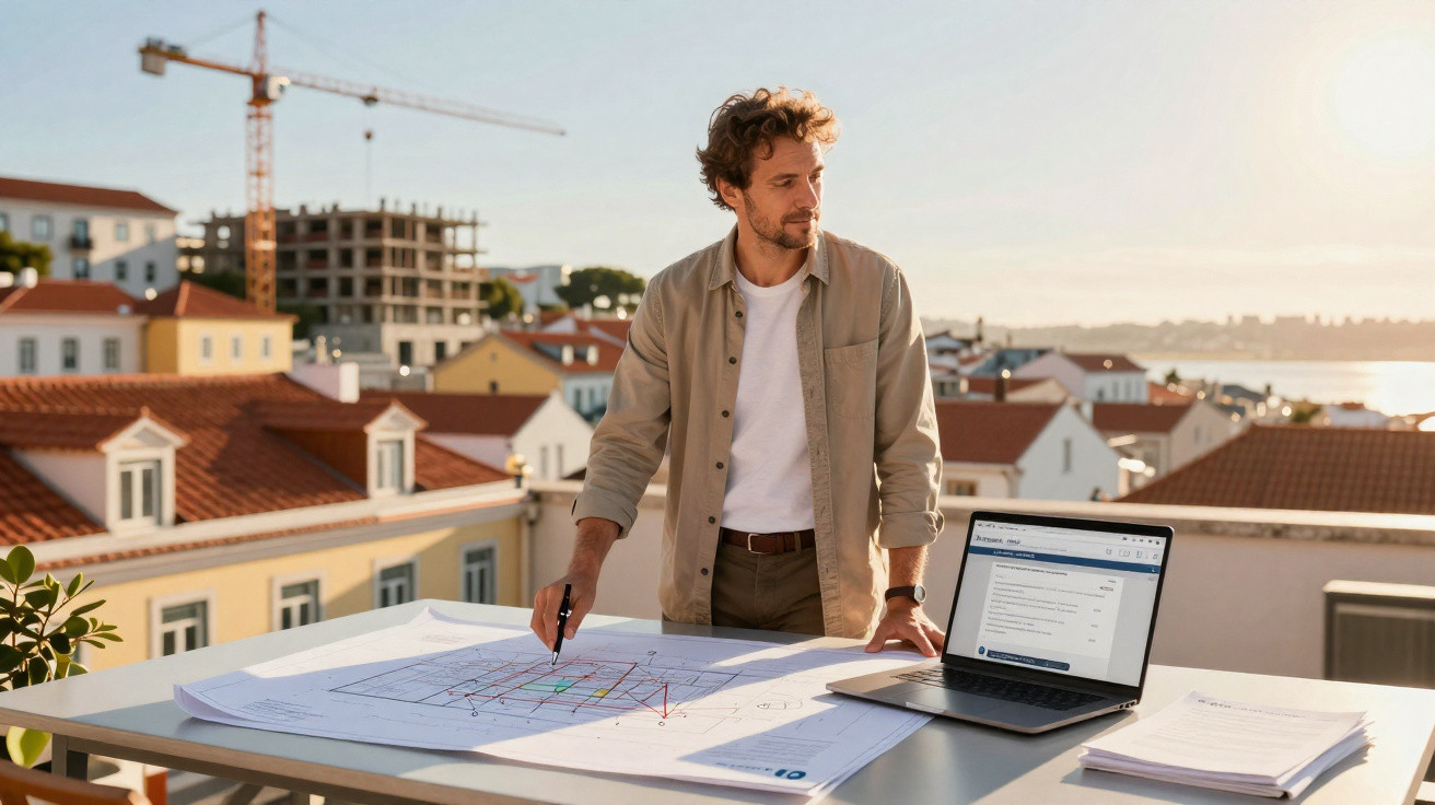 Homem a analisar plantas arquitetónicas numa mesa com portátil numa varanda com vista para casas e um estaleiro.