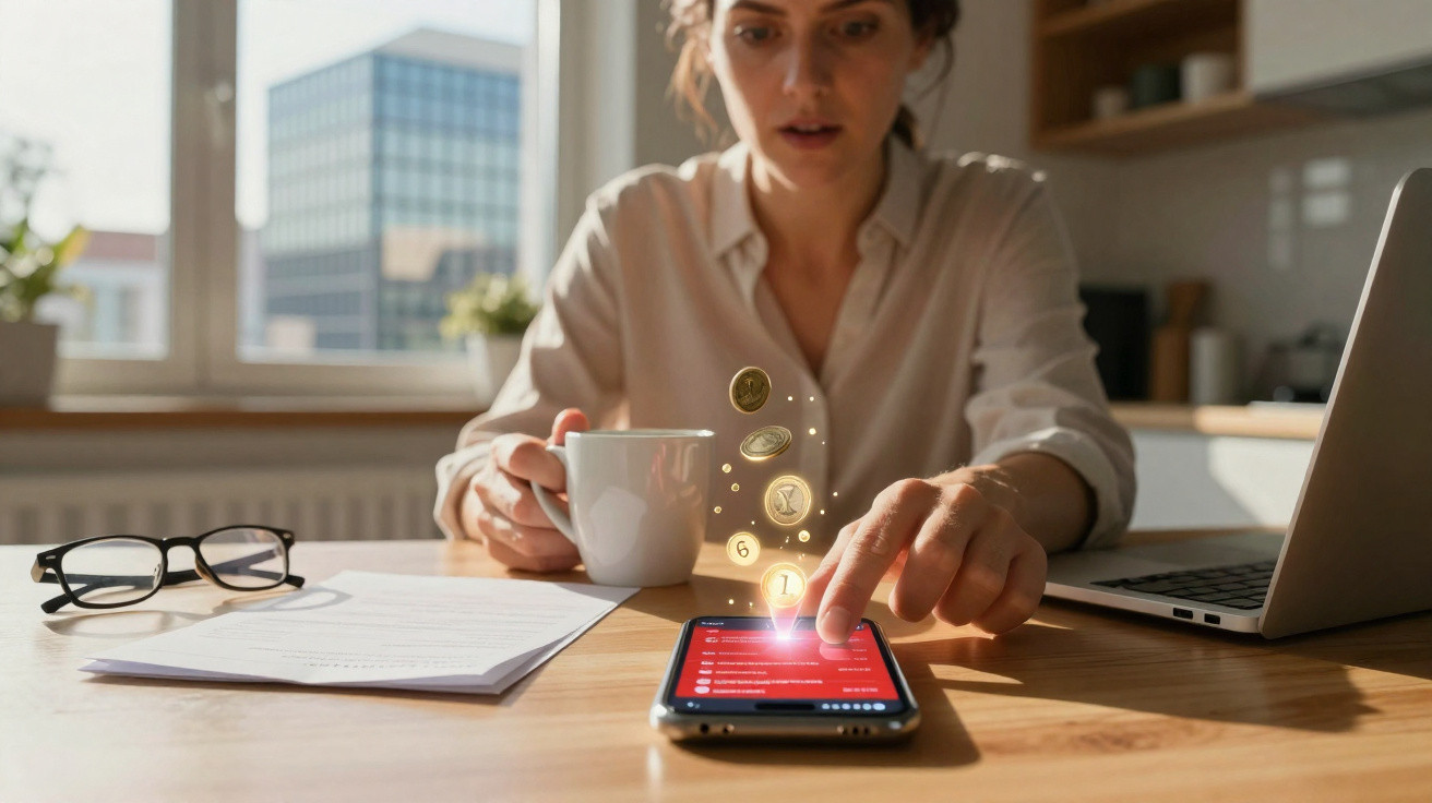 Mulher sentada à mesa com tablet, computador portátil e moedas digitais a flutuar sobre o dispositivo.