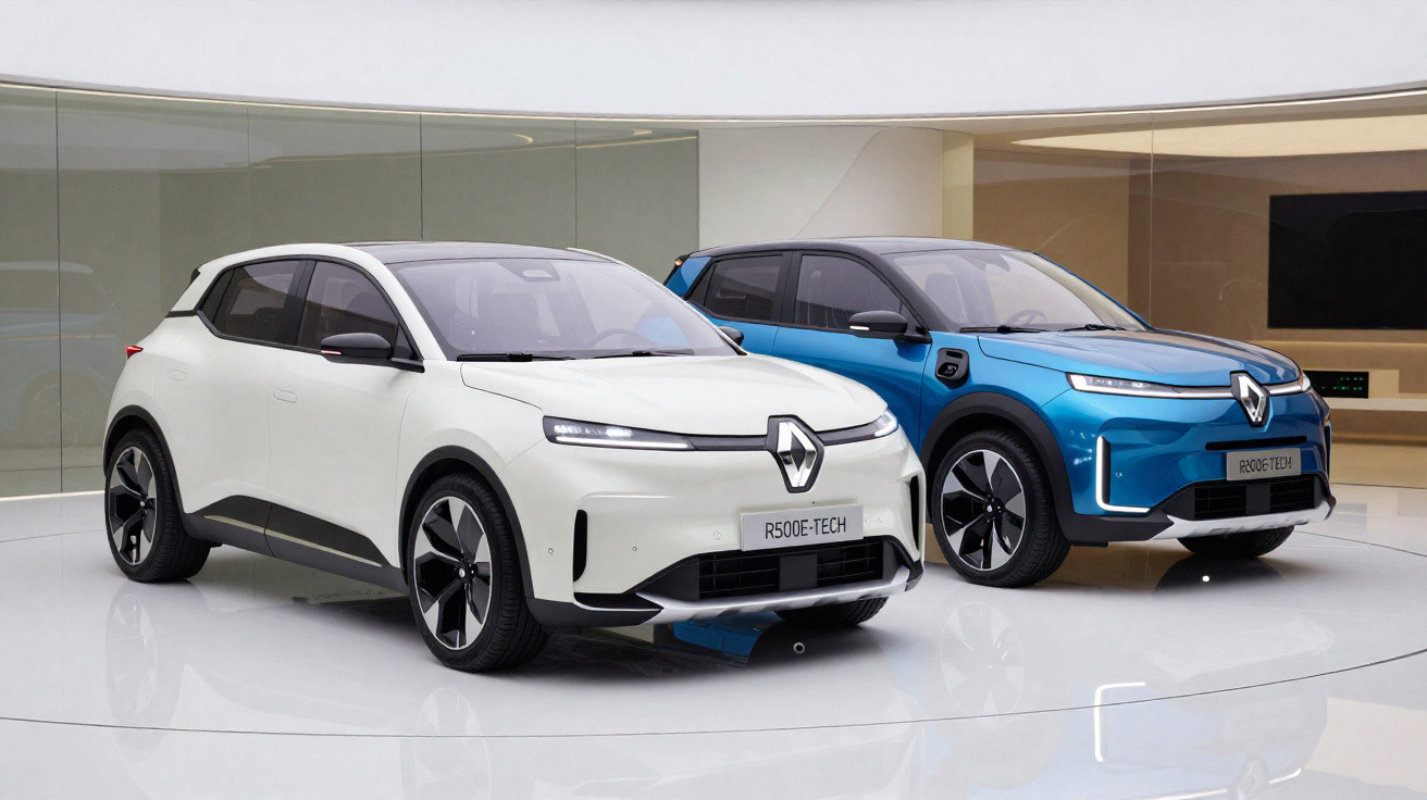 Dois carros elétricos Renault R500E-Tech, um branco e outro azul, expostos numa sala moderna e minimalista.