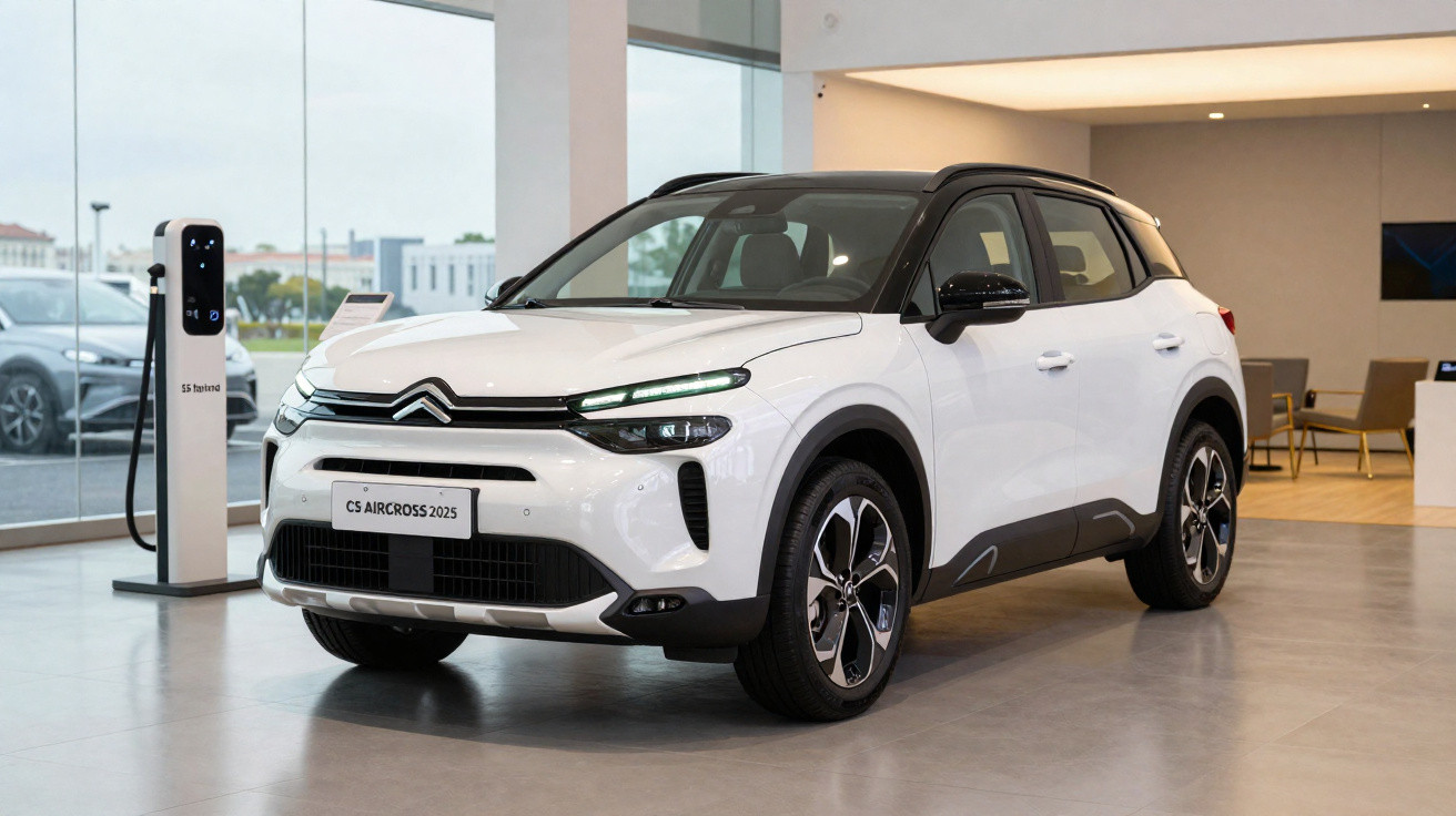 Automóvel Citroën C5 Aircross 2025 branco e preto em exposição numa sala moderna com posto de carregamento elétrico.