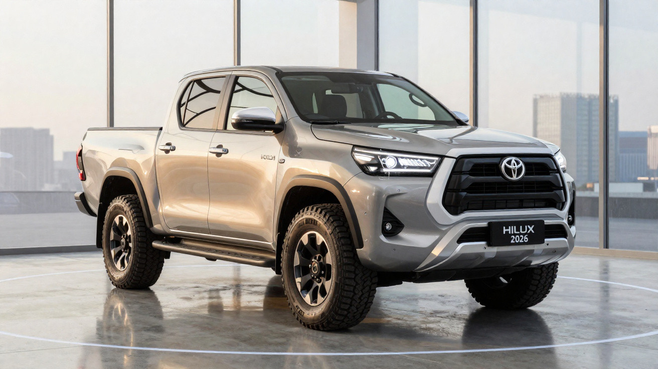 Picape Toyota Hilux 2026 prateada estacionada num espaço coberto com paredes de vidro.
